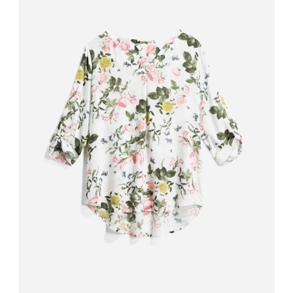 Brina‎ & Em Women's Floral Top Blouse V Neck Roll Tab Sleeve Tunic White Small